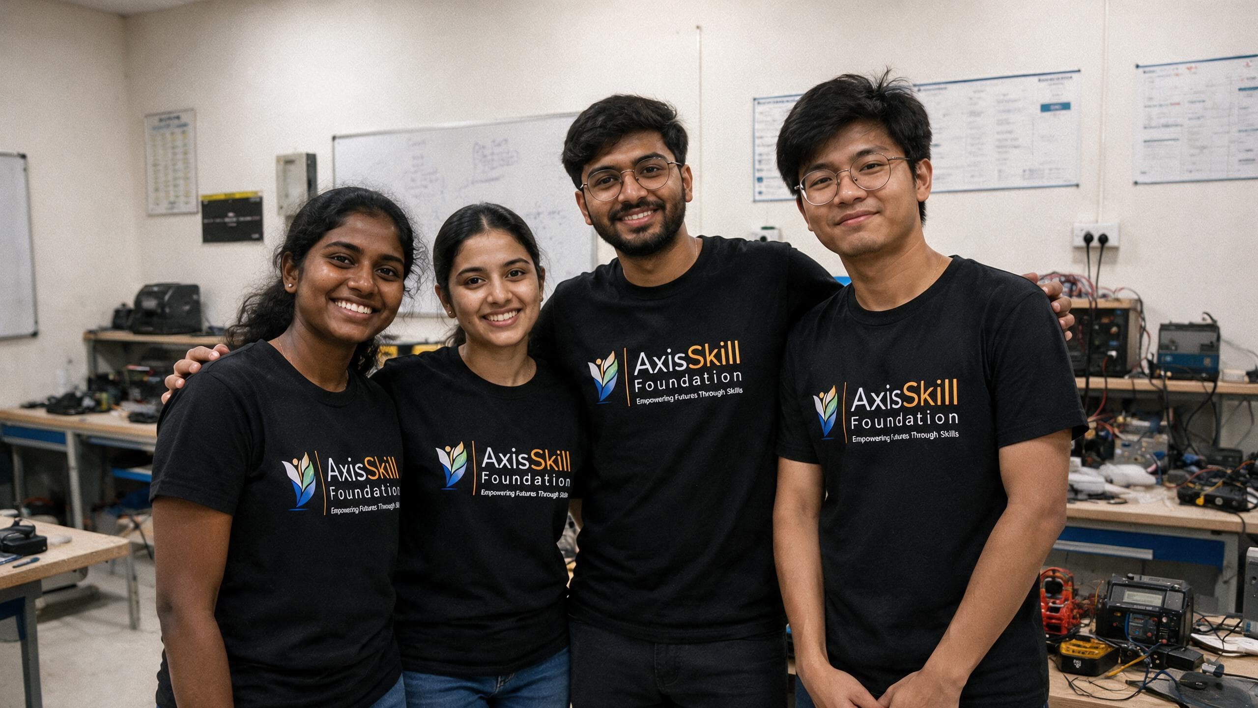 AxisSkill Foundation trainees smiling together in an electronics lab